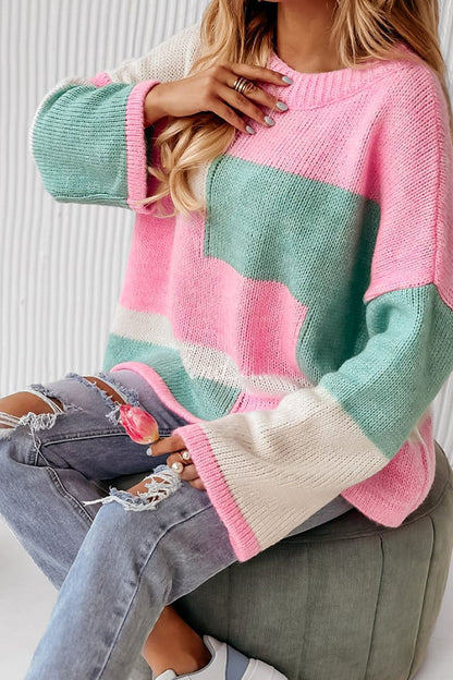 Color Block Round Neck Drop Shoulder Sweater-Angel Casuals