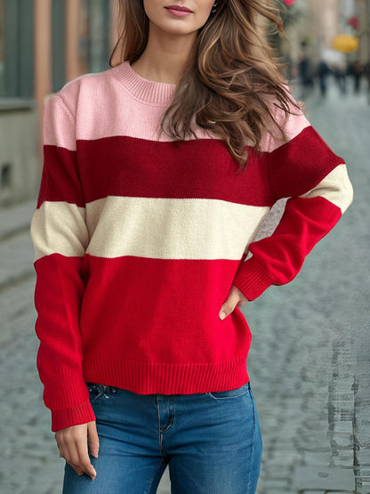 Color Block Round Neck Long Sleeve Sweater-Angel Casuals