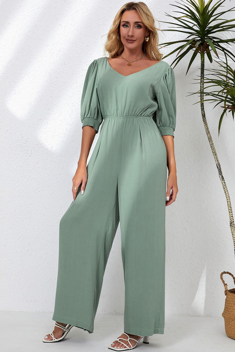 V-Neck Half Sleeve Jumpsuit-Angel Casuals