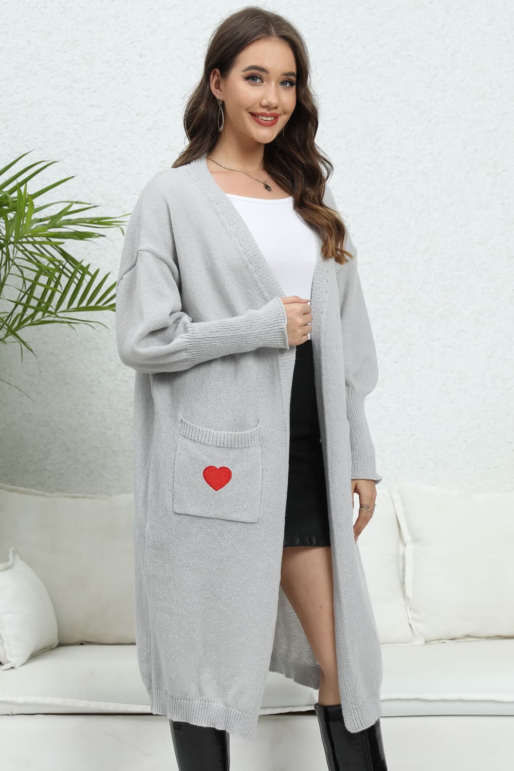 Lantern Sleeve Open Front Pocketed Cardigan-Angel Casuals