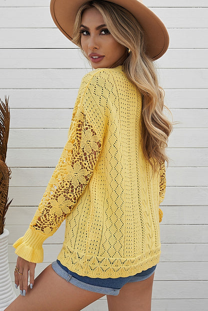 Openwork Lantern Sleeve Dropped Shoulder Sweater-Angel Casuals