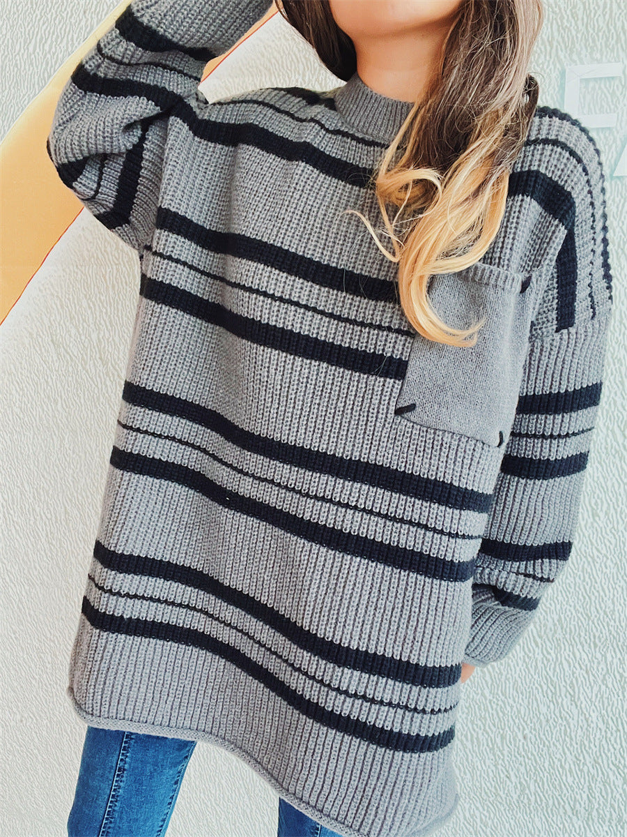 Striped Round Neck Long Sleeve Sweater-Angel Casuals