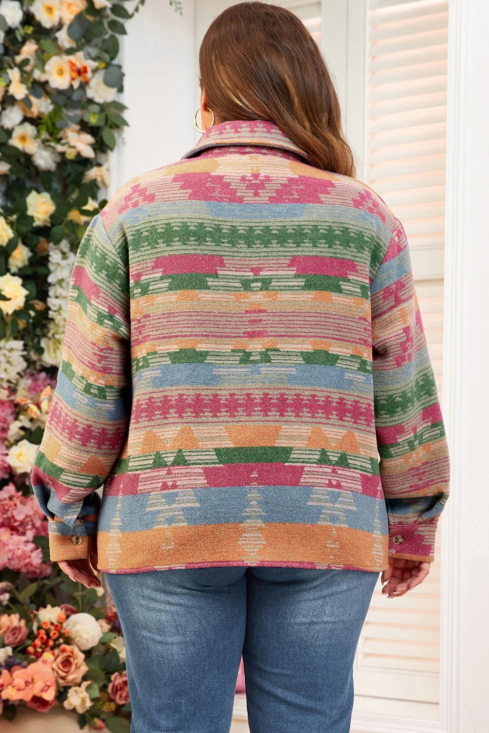 Plus Size Pocketed Printed Collared Neck Jacket-Angel Casuals