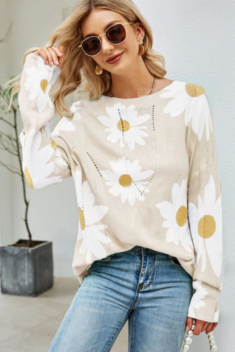 Angel Wings Daisy Print Openwork Round Neck Sweater-Angel Casuals