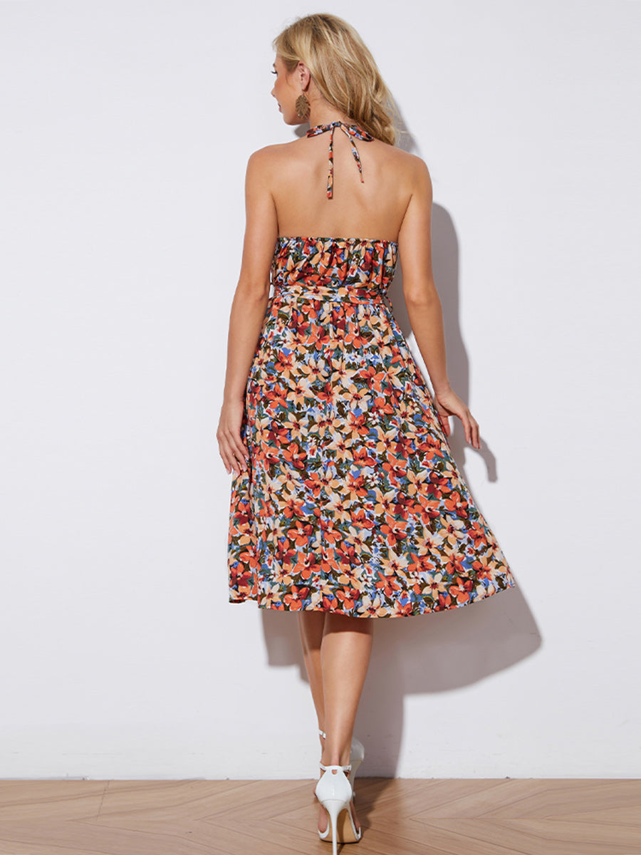 Floral Halter Neck Tie-Waist Backless Dress-Angel Casuals