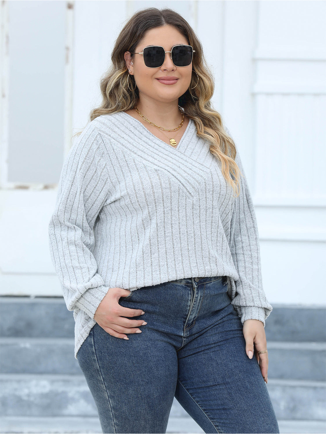 Plus Size Ribbed V-Neck Long Sleeve Top-Angel Casuals