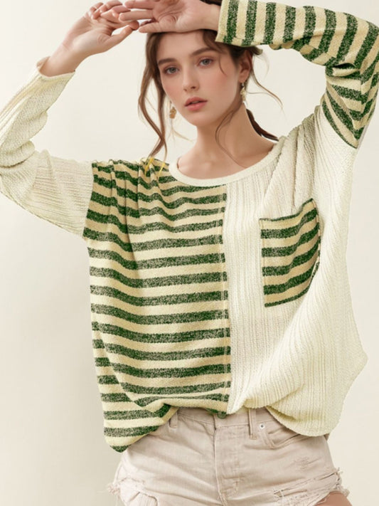Striped Round Neck Long Sleeve Top-Angel Casuals