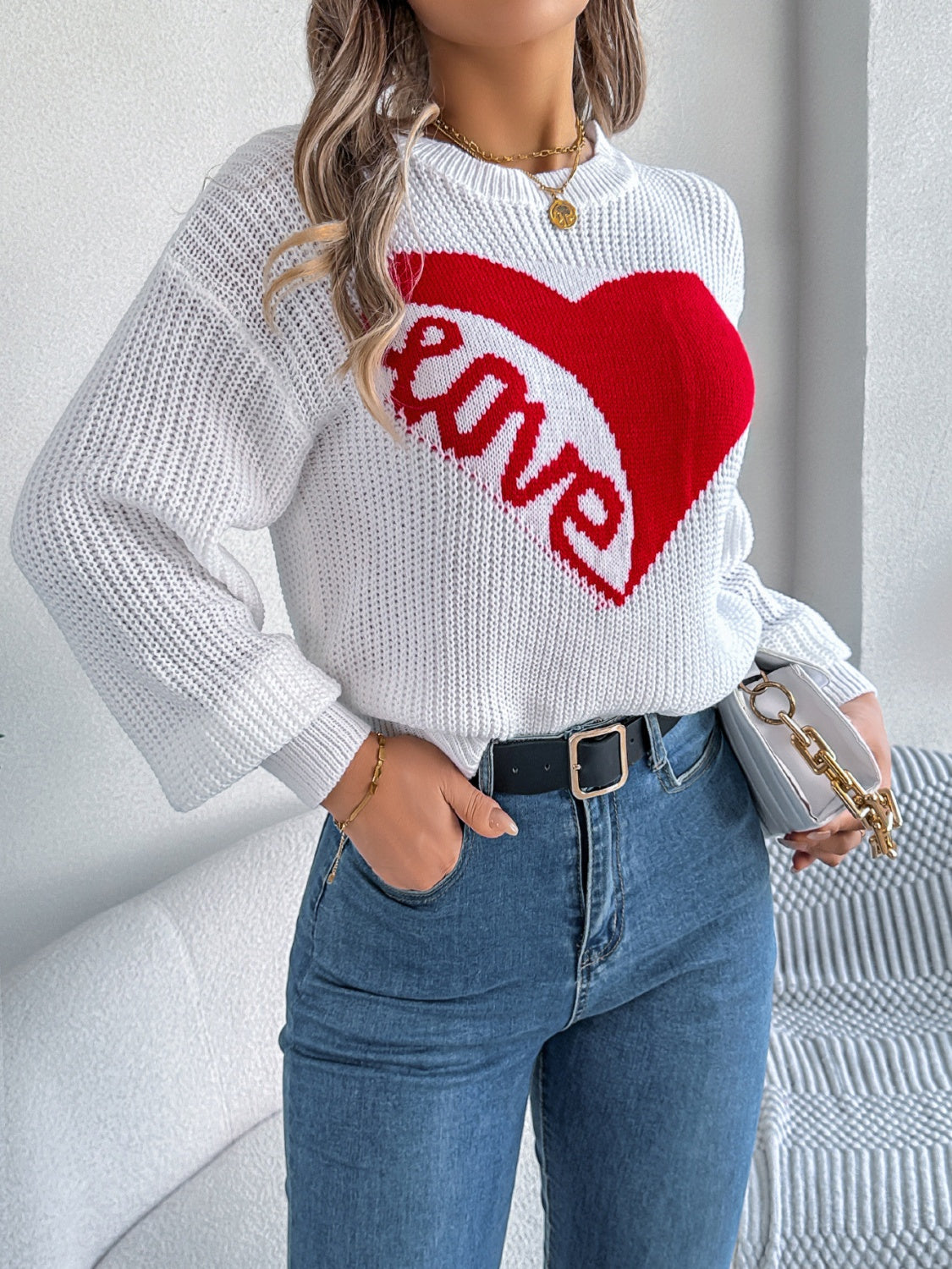 LOVE Heart Round Neck Dropped Shoulder Sweater-Angel Casuals