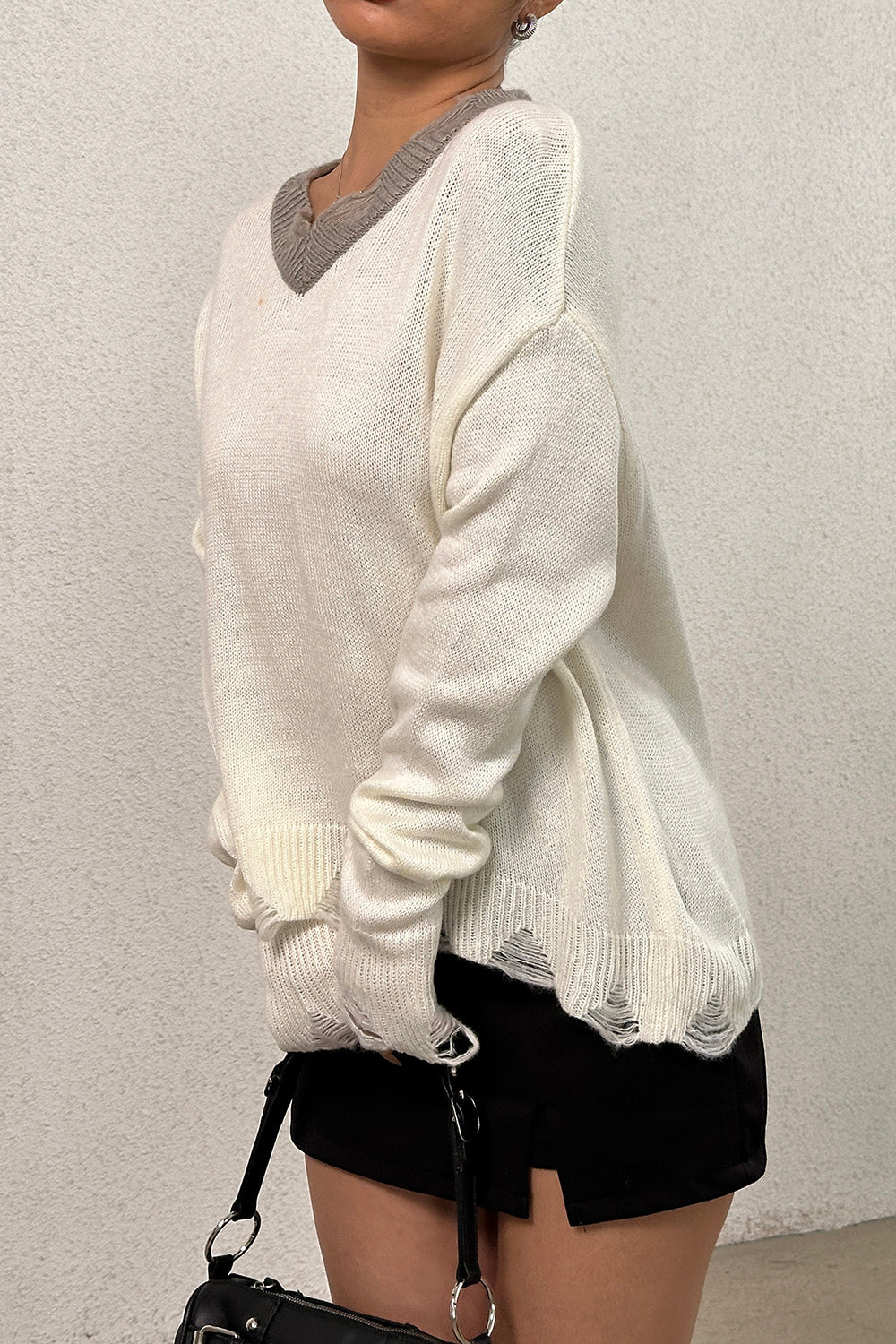 Distressed V-Neck Dropped Shoulder Sweater-Angel Casuals