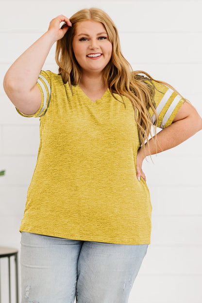 Plus Size Striped V-Neck Tee Shirt-Angel Casuals