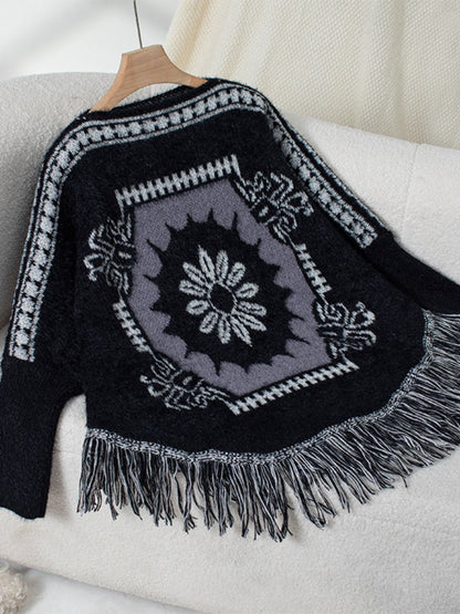 Fringe Geometric Long Sleeve Poncho-Angel Casuals