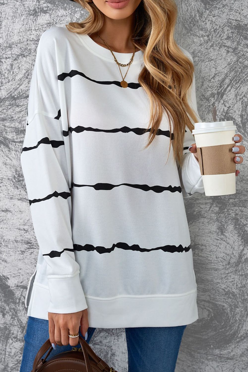 Slit Contrast Striped Round Neck Long Sleeve T-Shirt-Angel Casuals