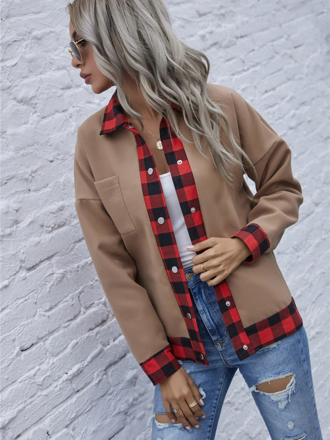 Plaid Trim Long Sleeve Jacket-Angel Casuals
