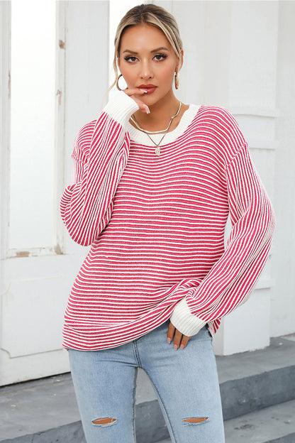 Angel Wings Striped Round Neck Long Sleeve Knit Top-Angel Casuals