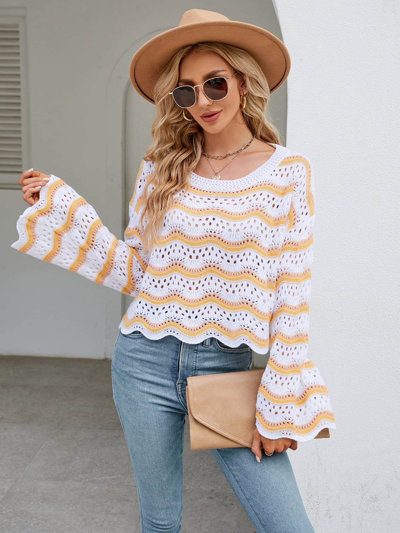 Round Neck Openwork Flare Sleeve Knit Top-Angel Casuals