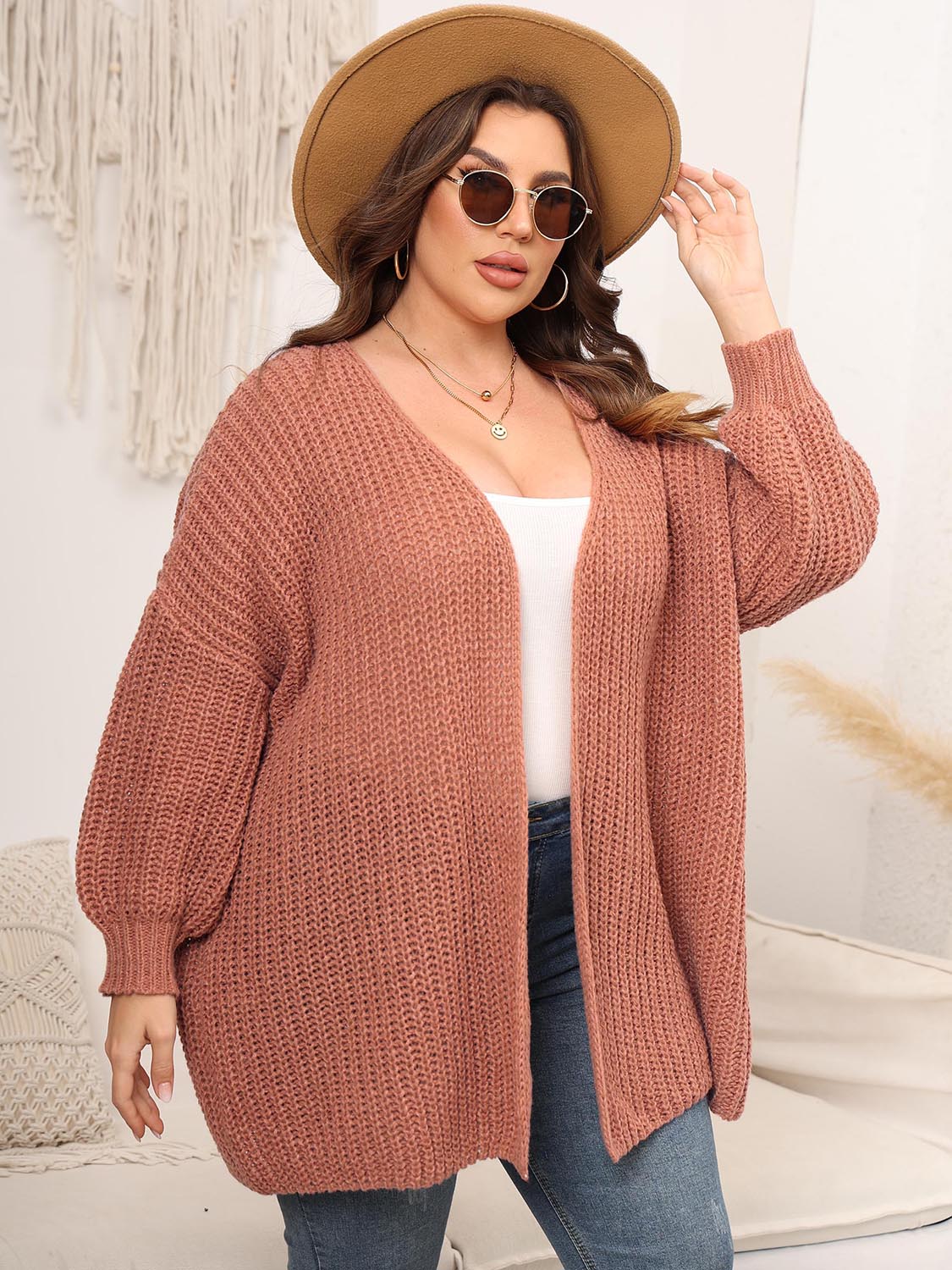 Plus Size Open Front Dropped Shoulder Knit Cardigan-Angel Casuals
