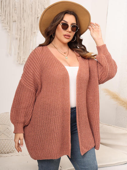 Plus Size Open Front Dropped Shoulder Knit Cardigan-Angel Casuals
