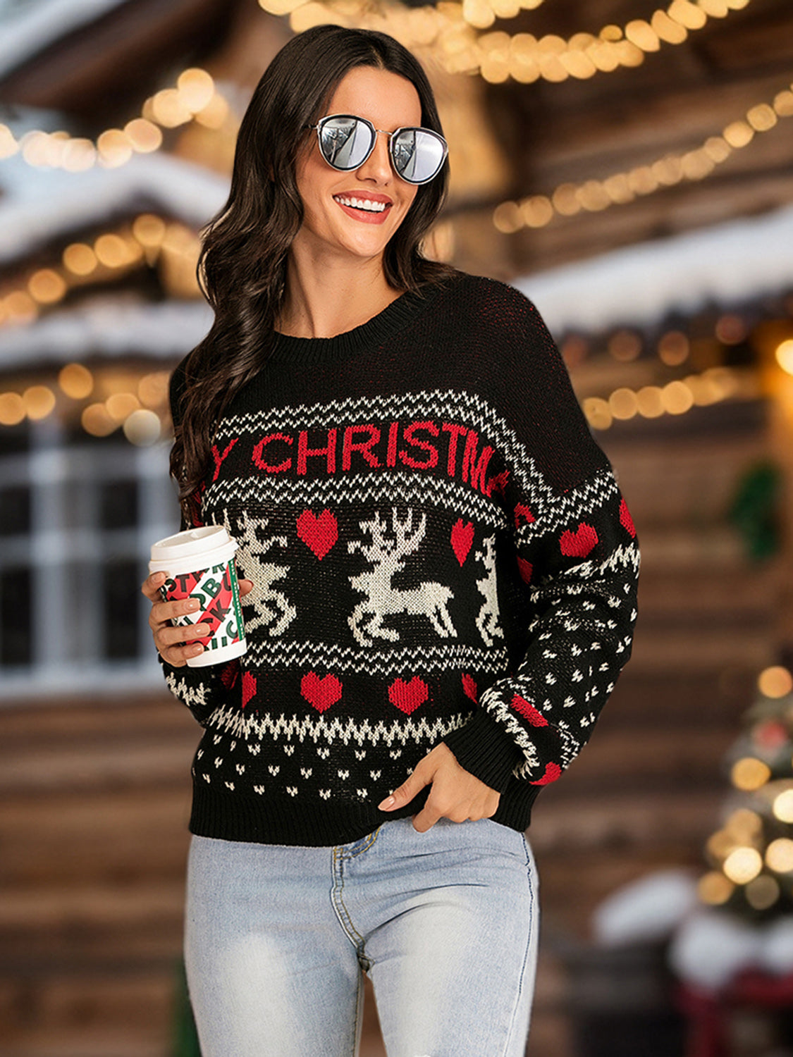 Perfee Christmas Element Round Neck Sweater-Angel Casuals