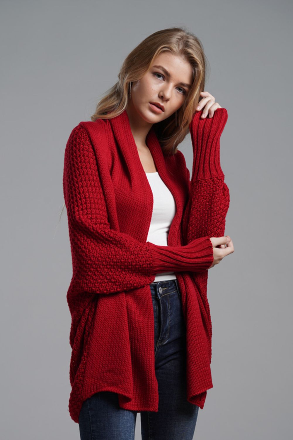 Dolman Sleeve Open Front Ribbed Trim Longline Cardigan-Angel Casuals