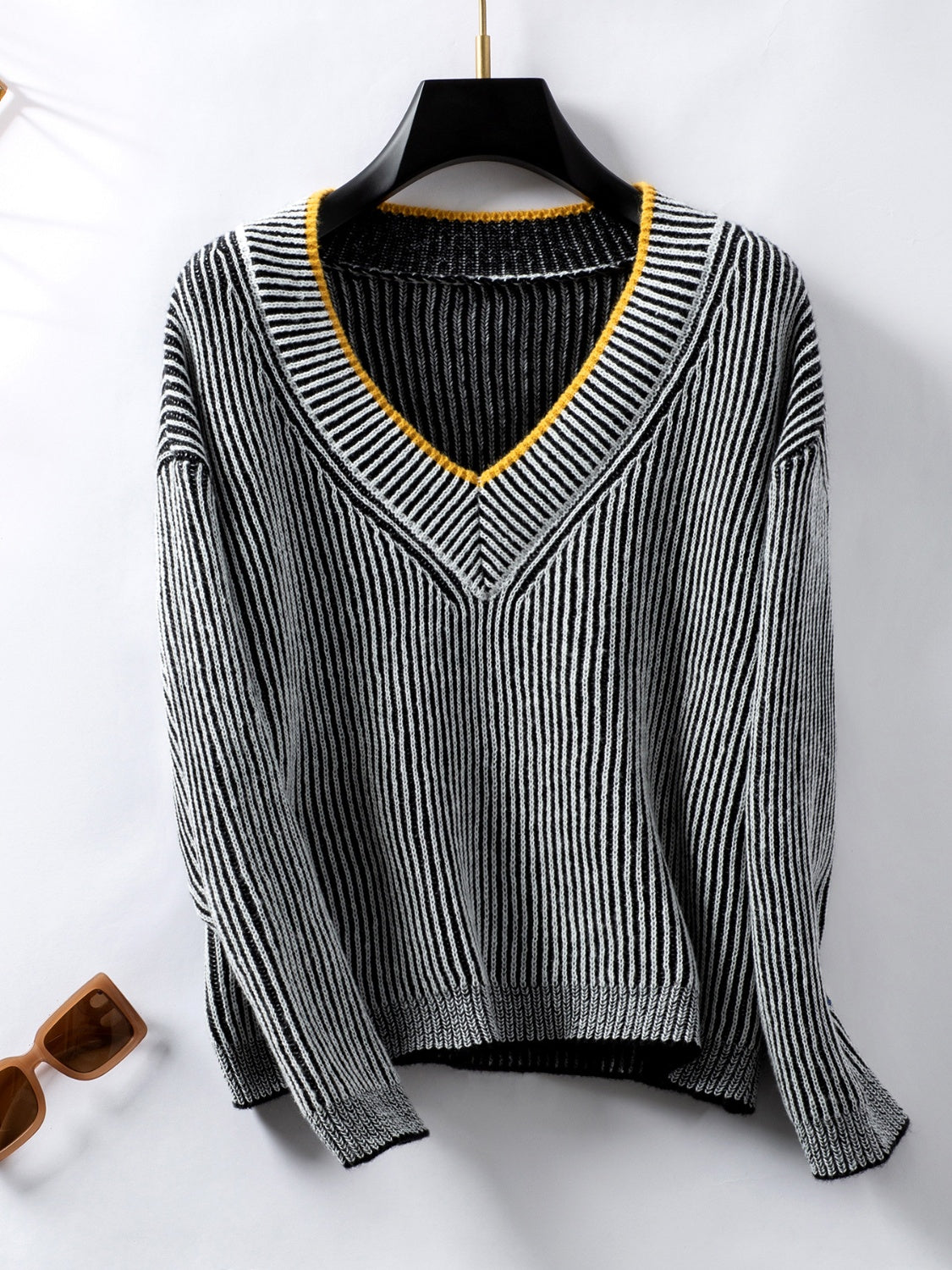 Striped V-Neck Long Sleeve Sweater-Angel Casuals