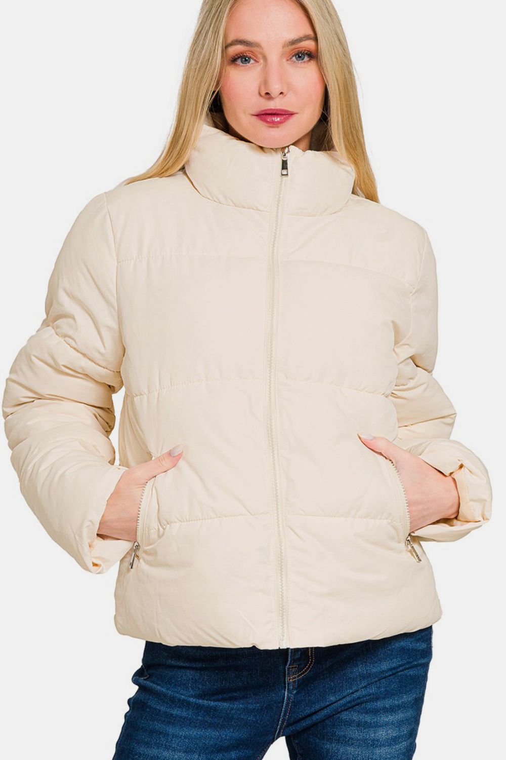 Zenana Zip Up Turtleneck Puffer Jacket with Pockets-Angel Casuals