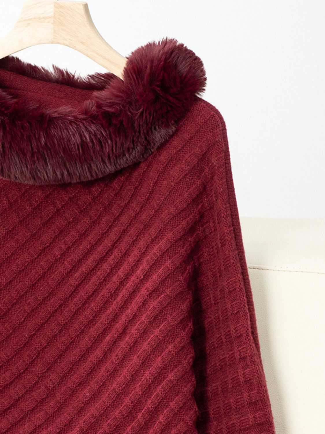 Fuzzy Trim Texture Three-Quarter Sleeve Poncho-Angel Casuals