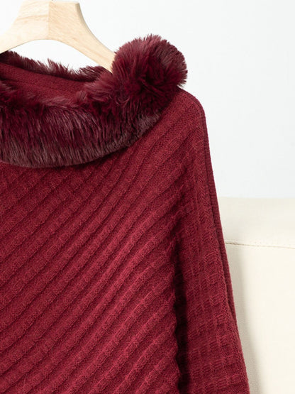 Fuzzy Trim Texture Three-Quarter Sleeve Poncho-Angel Casuals