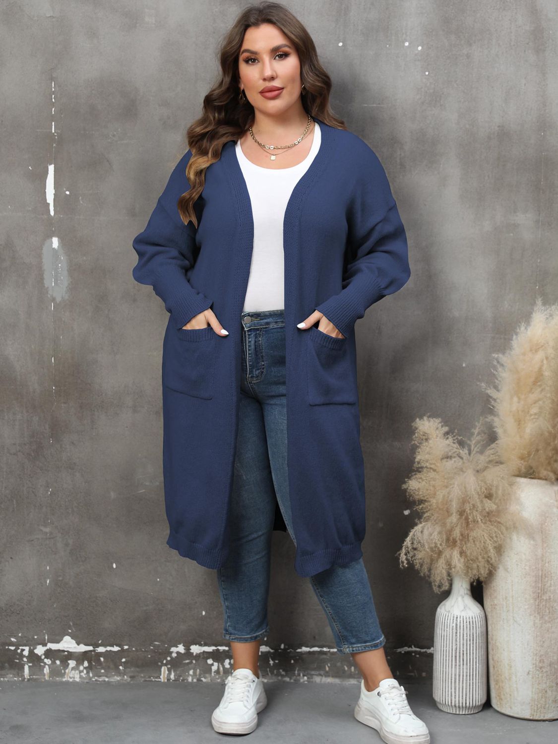 Plus Size Long Sleeve Pocketed Cardigan-Angel Casuals