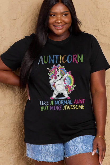 Simply Love Full Size AUNTICORN LIKE A NORMAL AUNT BUT MORE AWESOME Graphic Cotton Tee-Angel Casuals