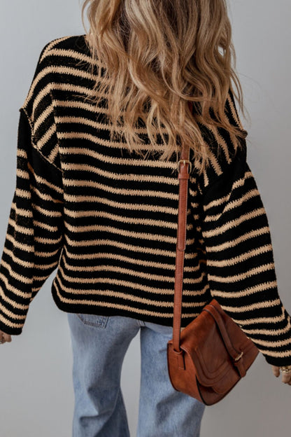 Stripe Drop Shoulder Round Neck Sweater-Angel Casuals