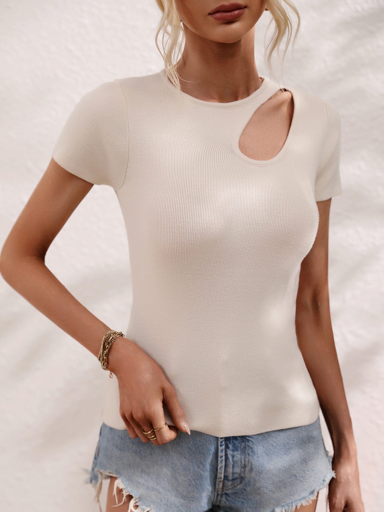 Cutout Round Neck Short Sleeve Knit Top-Angel Casuals