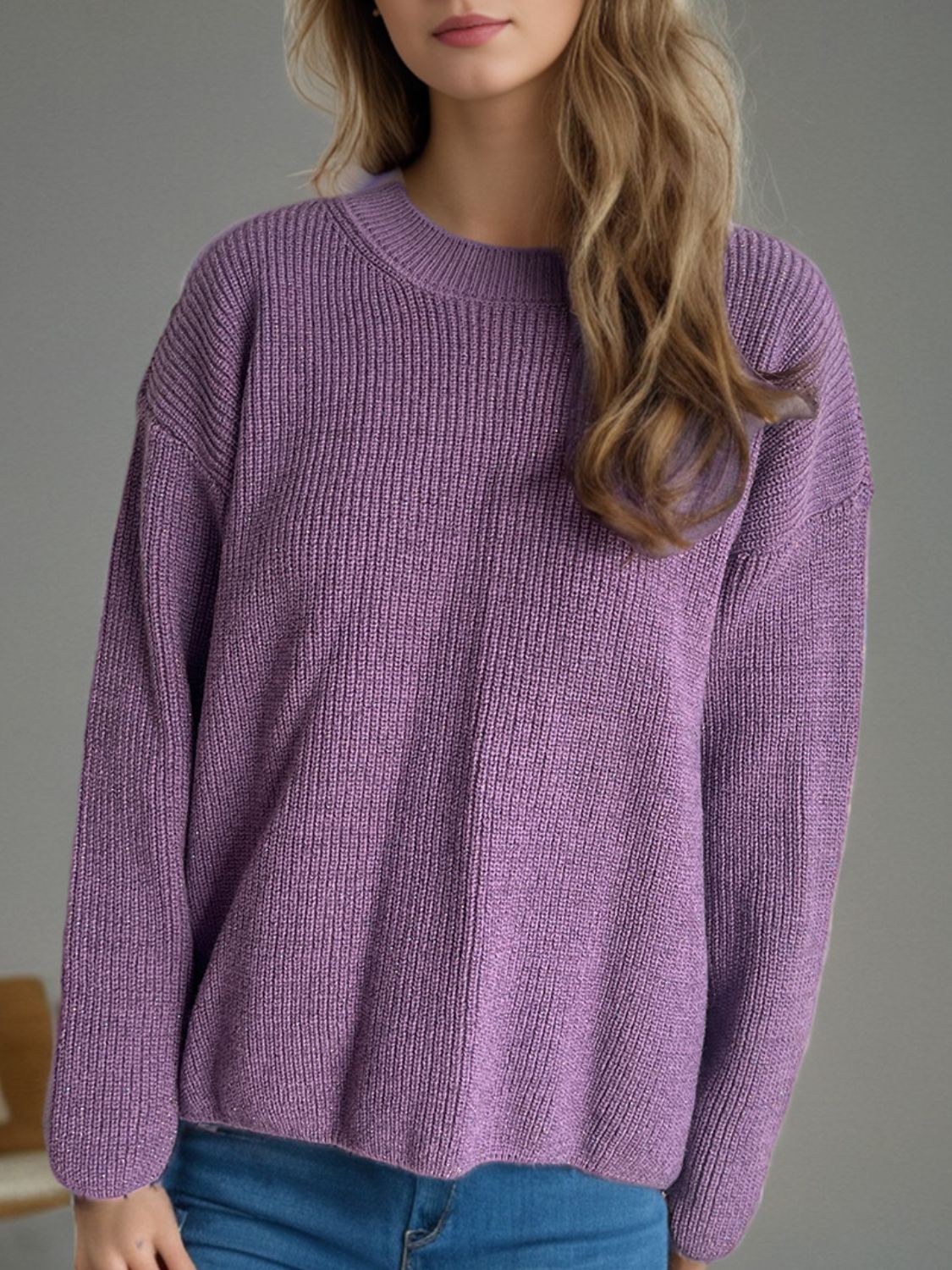 Solid Color Round Neck Long Sleeve Sweater-Angel Casuals