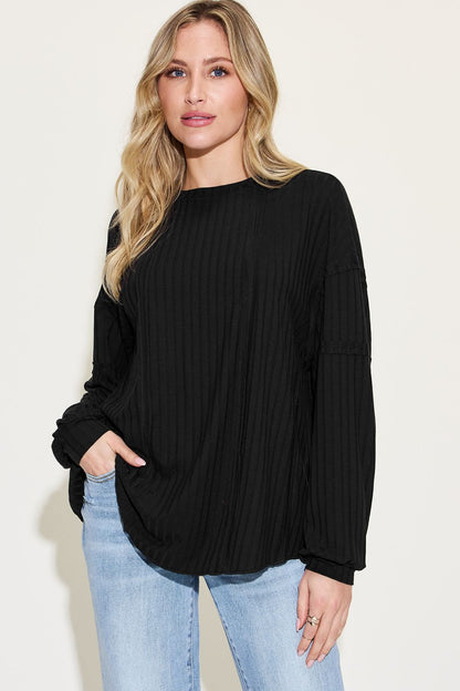 Basic Bae Full Size Ribbed Round Neck Long Sleeve T-Shirt-Angel Casuals