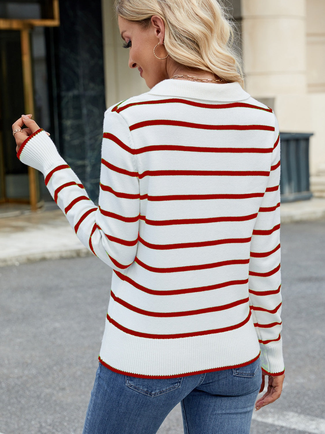 Striped Johnny Collar Long Sleeve Sweater-Angel Casuals