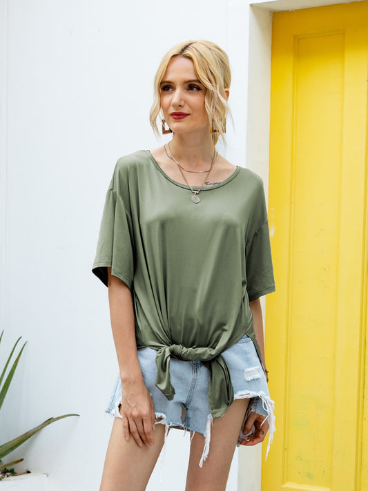 Slit Boat Neck Half Sleeve T-Shirt-Angel Casuals