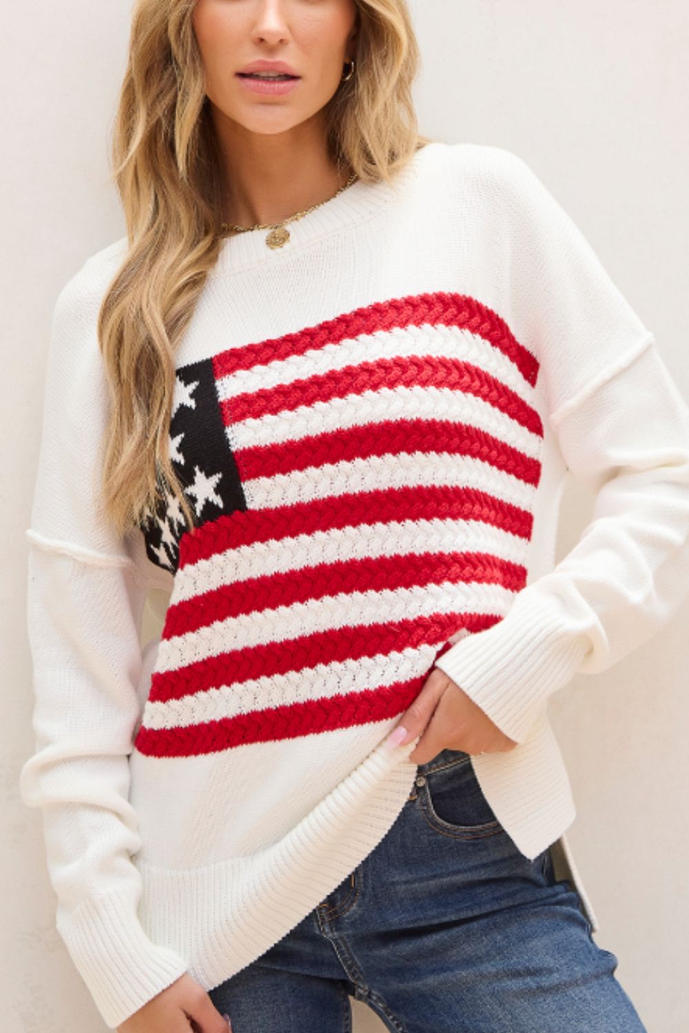 US Flag Side Slit Drop Shoulder Sweater-Angel Casuals