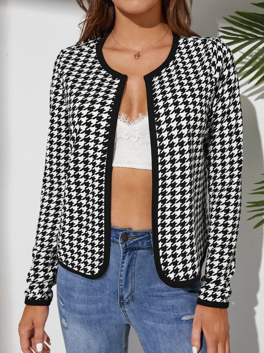 Houndstooth Open Front Long Sleeve Jacket-Angel Casuals