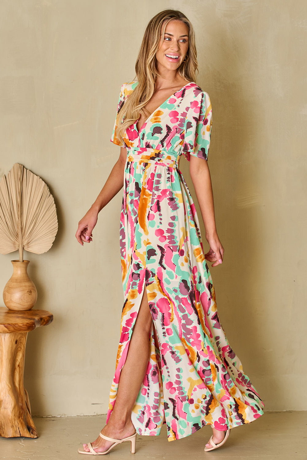 Slit Printed Surplice Short Sleeve Maxi Dress-Angel Casuals