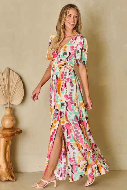 Slit Printed Surplice Short Sleeve Maxi Dress-Angel Casuals