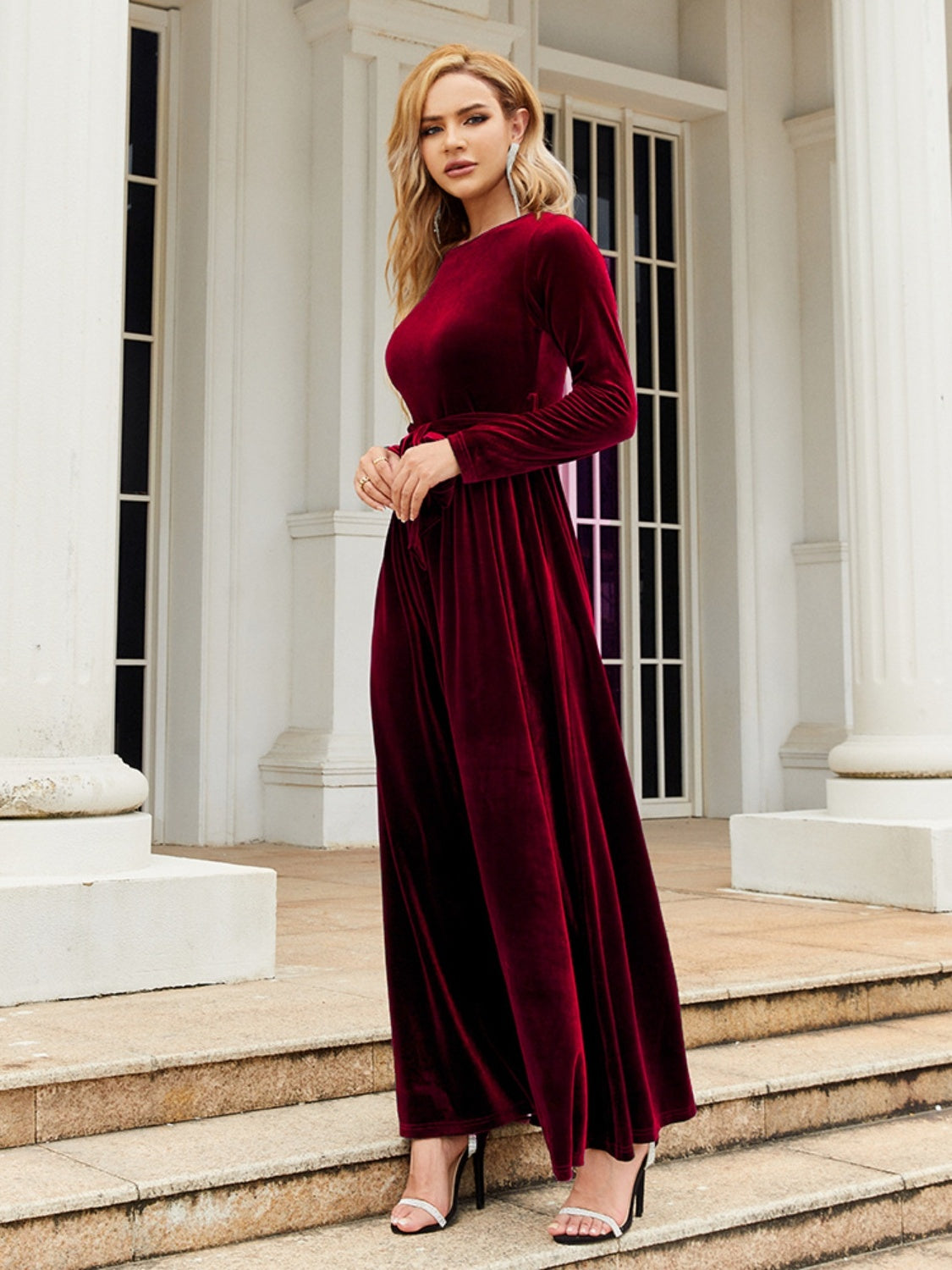 Tie Front Round Neck Long Sleeve Maxi Dress-Angel Casuals