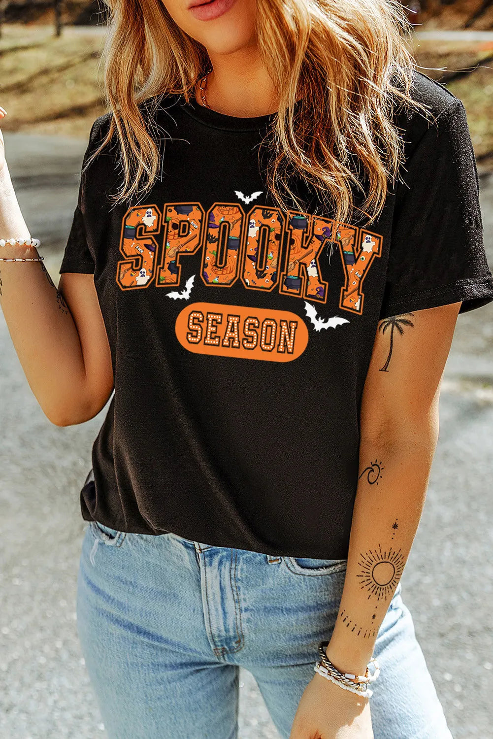 SPOOKY SEASON Round Neck Short Sleeve T-Shirt-Angel Casuals