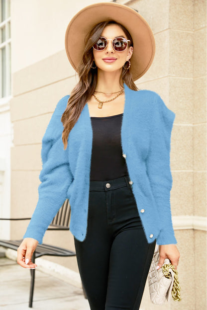 Woven Right Puff Sleeve V-Neck Fuzzy Cardigan-Angel Casuals