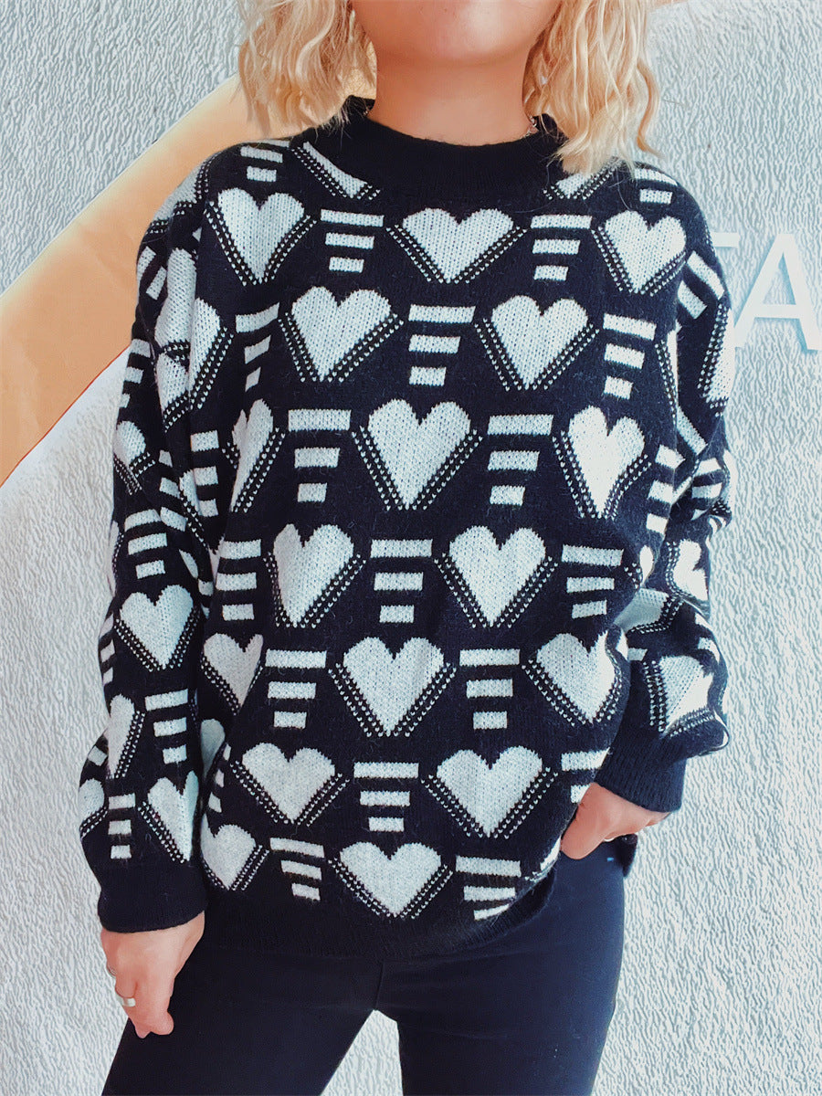 Heart Contrast Long Sleeve Dropped Shoulder Sweater-Angel Casuals