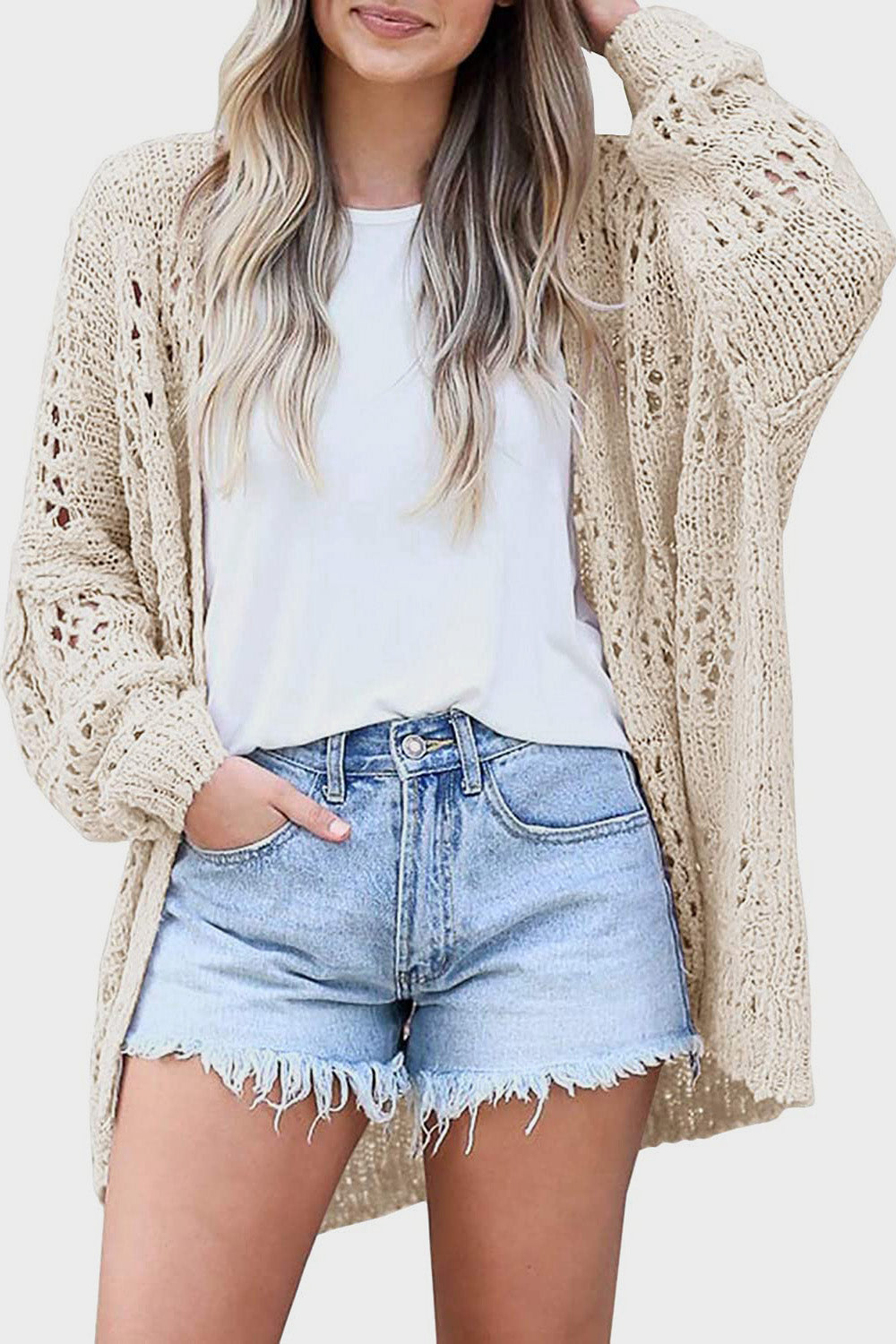Openwork Open Front Long Sleeve Cardigan-Angel Casuals
