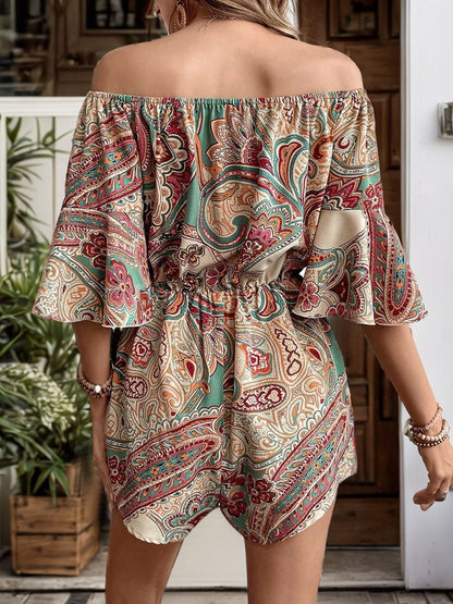 Printed Off Shoulder Half Sleeve Romper-Angel Casuals