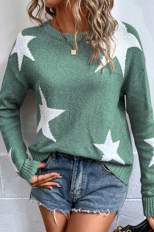 Star Round Neck Dropped Shoulder Sweater-Angel Casuals