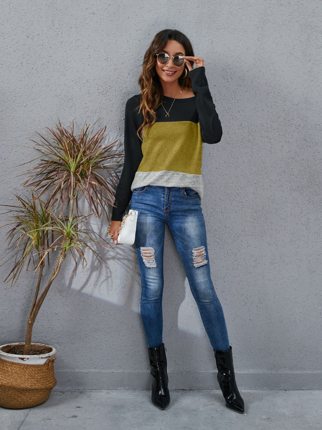 Color Block Round Neck Long Sleeve T-Shirt-Angel Casuals
