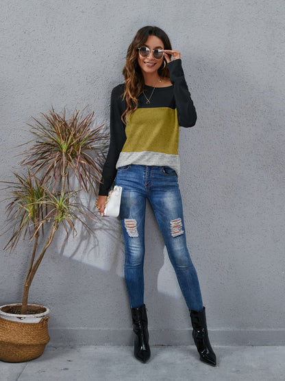 Color Block Round Neck Long Sleeve T-Shirt-Angel Casuals