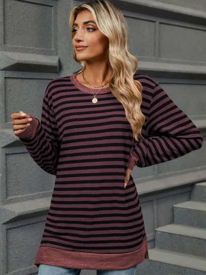 Striped Round Neck Long Sleeve T-Shirt-Angel Casuals
