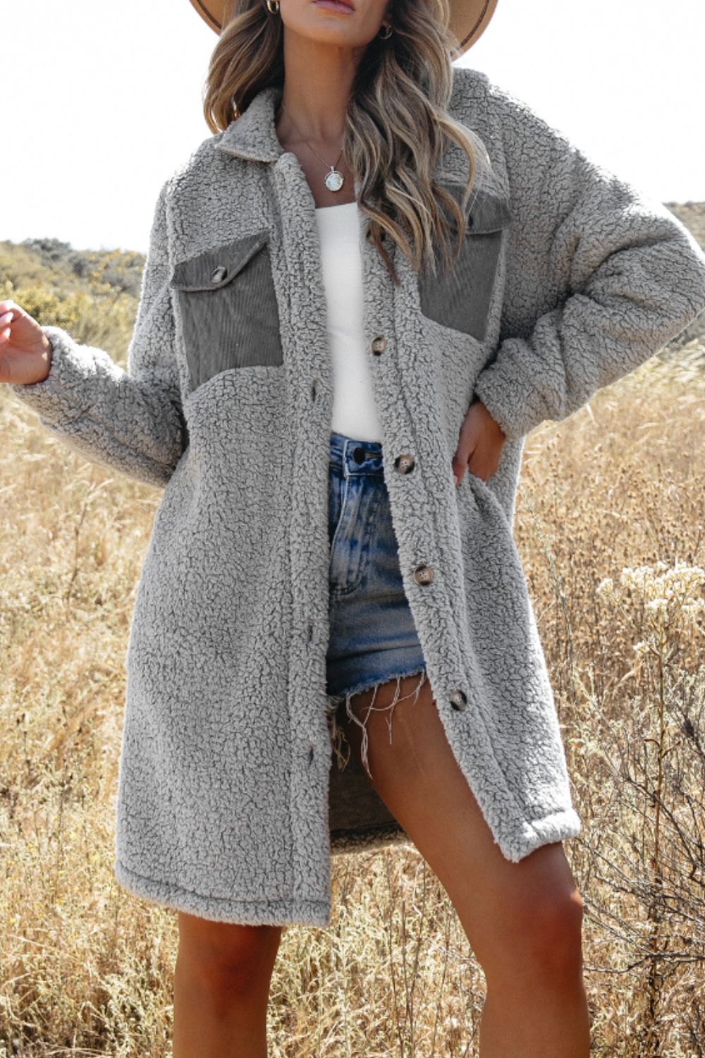 Collared Neck Long Sleeve Longline Teddy Jacket-Angel Casuals